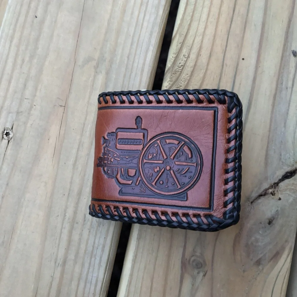 Vintage Bi-Fold Leather Wallet Whipstitch Engine Motor Mechanic Hand Tooled USA